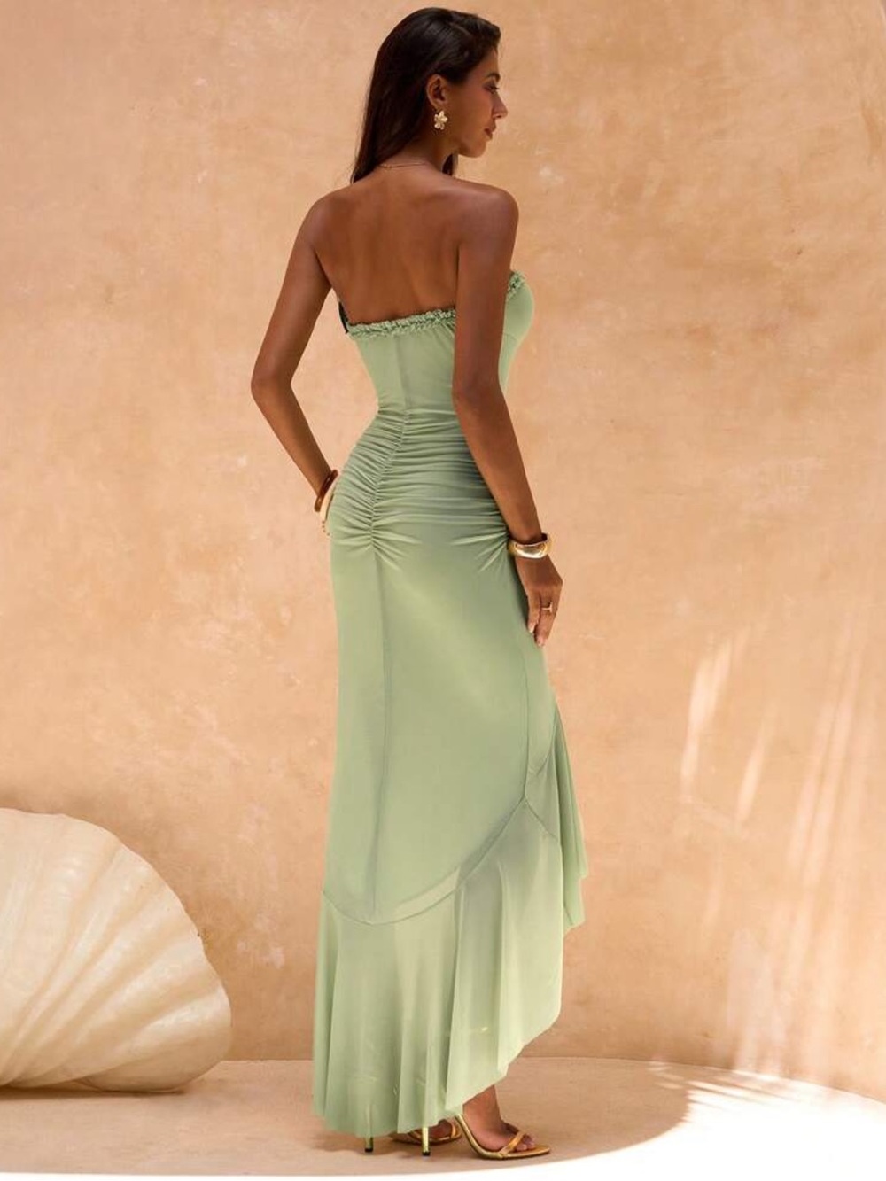 Sage Green Strapless Ruched High-Low Dress - Picture 2 of 3